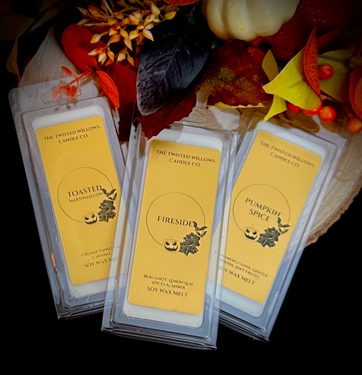 Set of three autumn scented soy wax melt snap bars in pumpkin spice, toasted marshmallow, and fireside