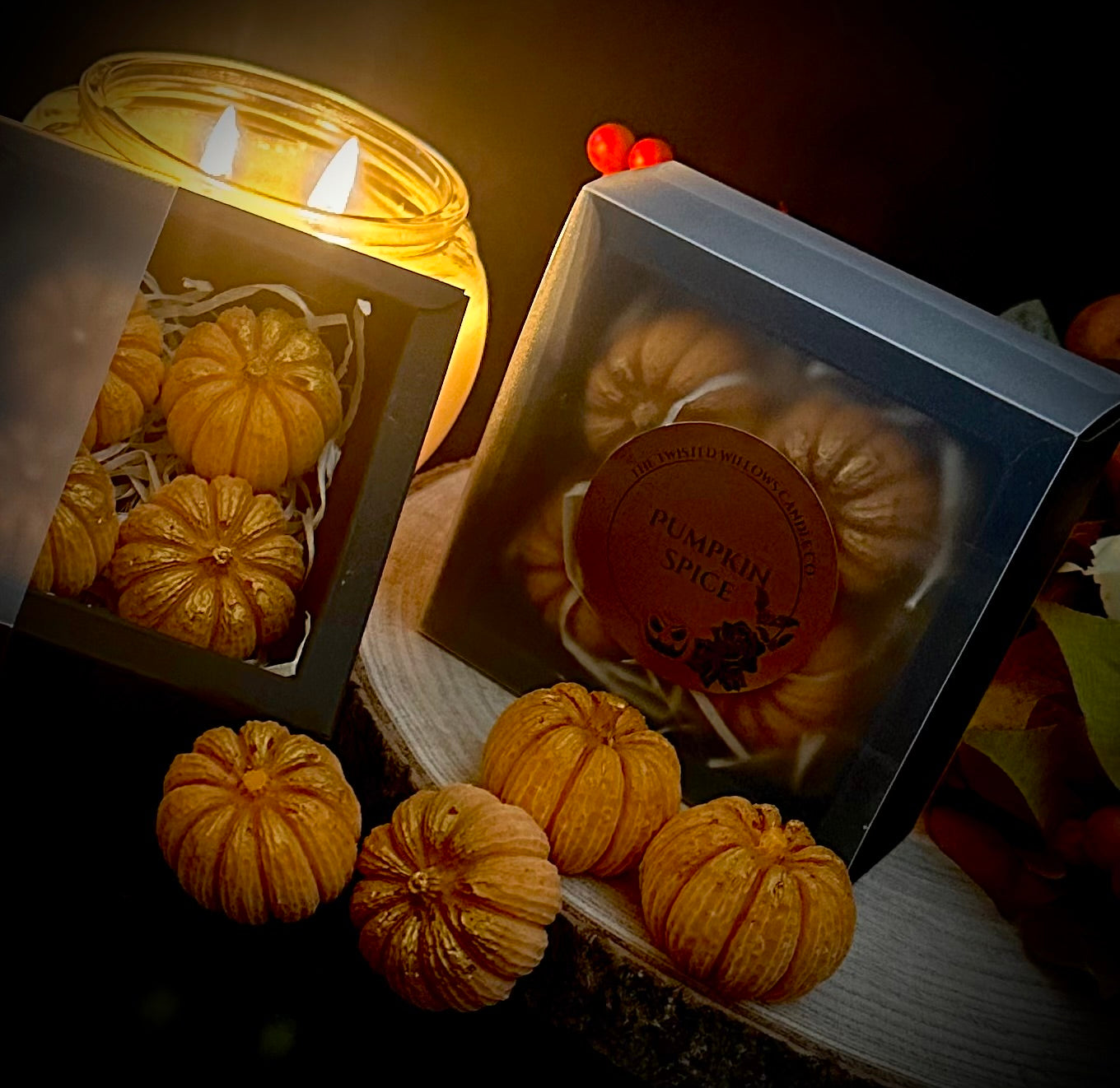 Close-up of detailed mini pumpkin wax melt showcasing its rustic spice colour