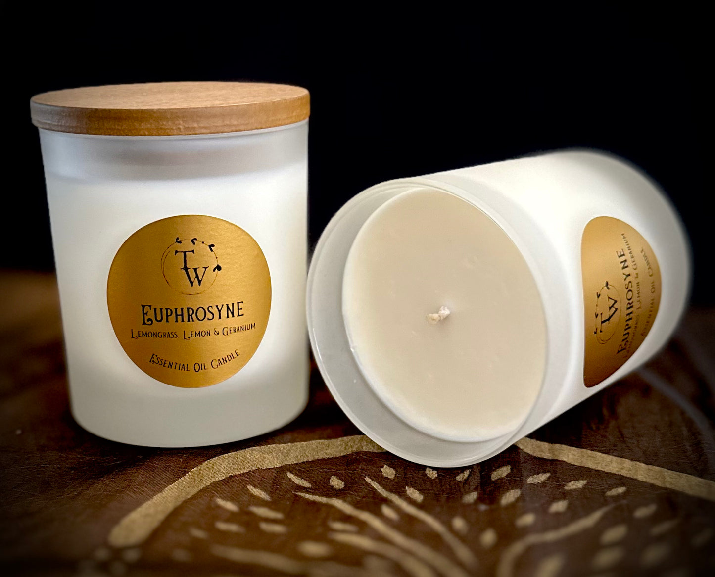 Pair of Lemongrass, Lemon and geranium essential candle in frosted glass jars