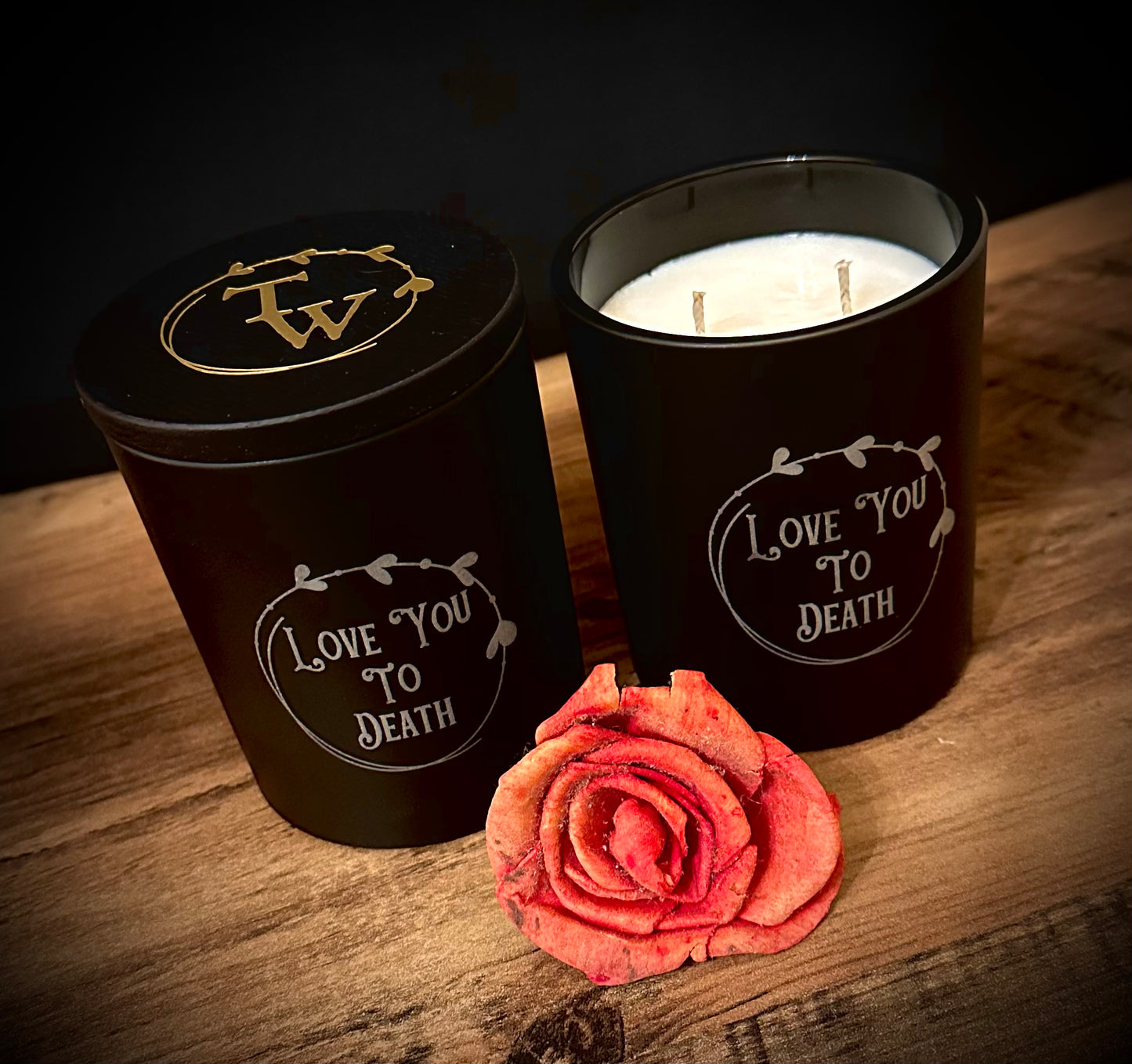 Love You To Death Candles scented with rose and pink pepper with black wooden lid