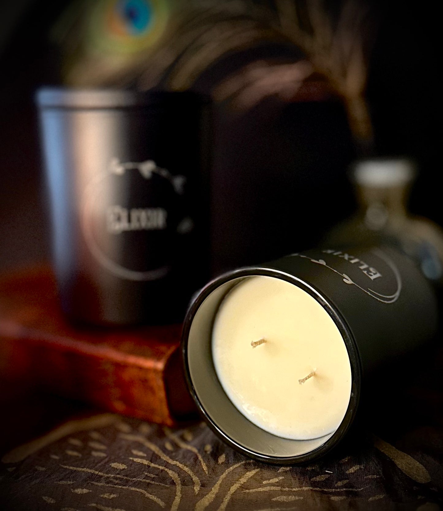Elixir Candle in black etched jar with black wooden lid