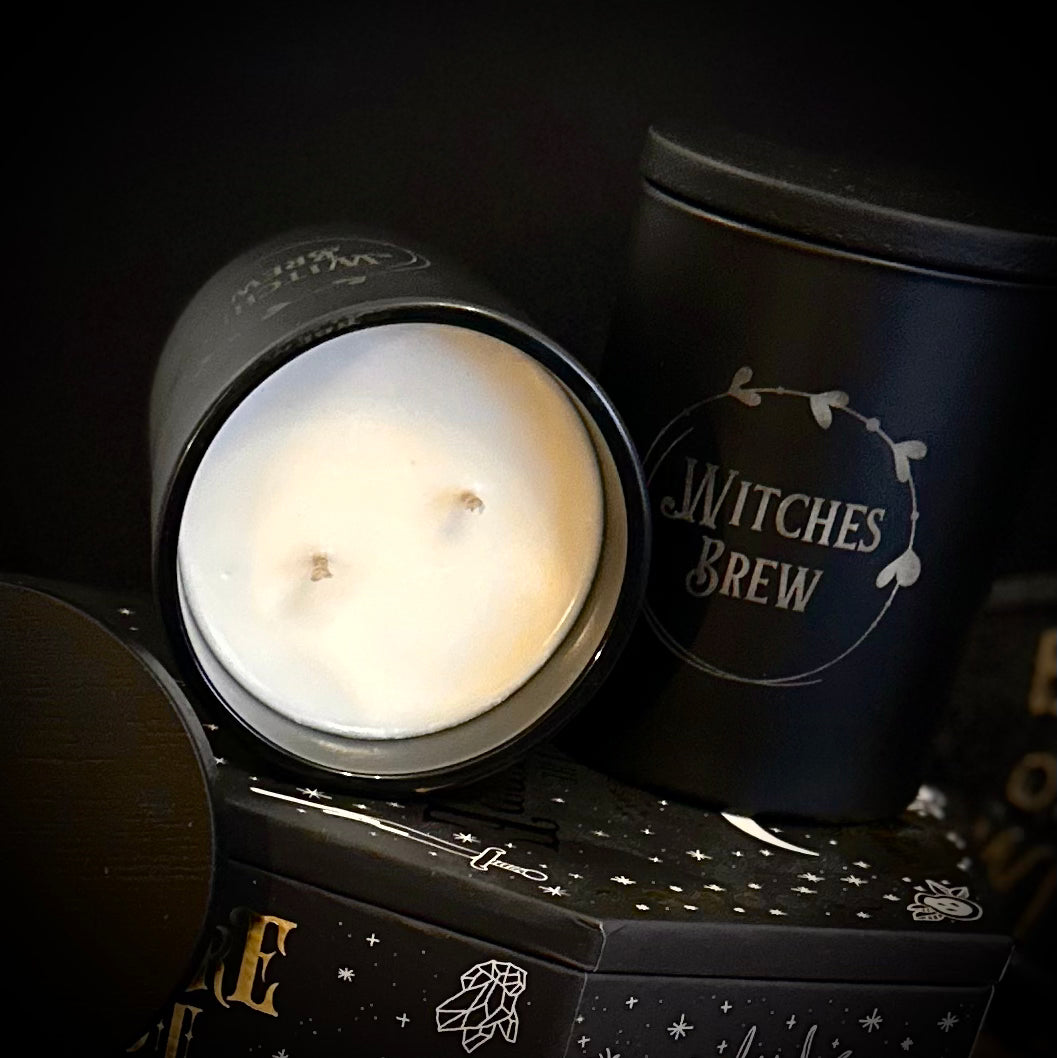 Witches Brew Candle in etched black jar with a black wooden lid