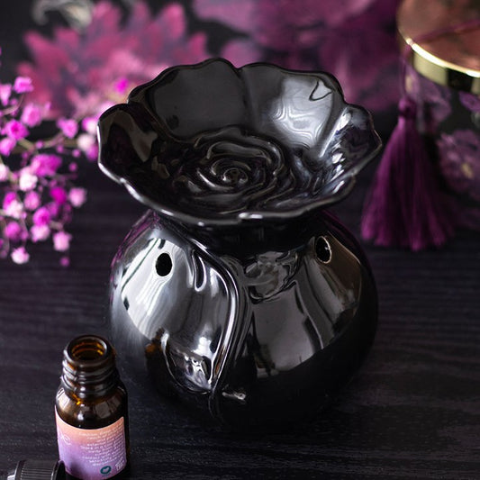 Black Rose Oil Burner with Intricate rose design