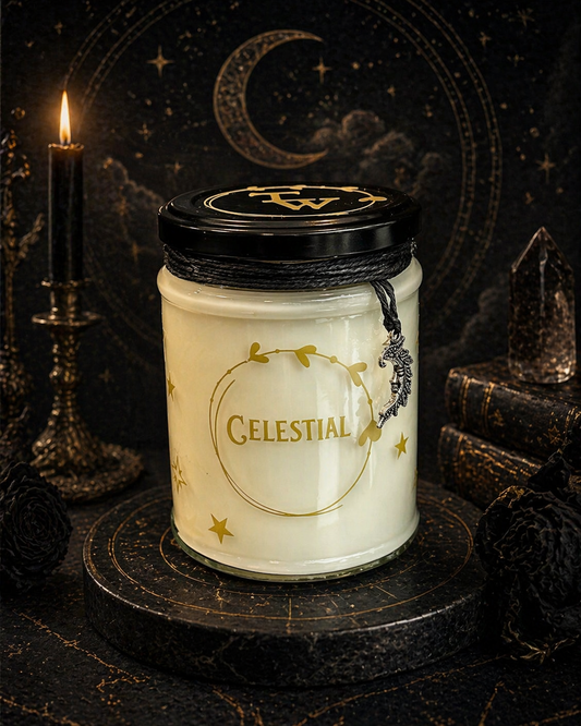 Celestial gothic candle in glass jar adorned with an intricate celestial design.