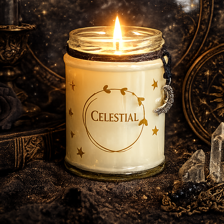 Celestial Gothic Candle lit with Crescent moon charm.