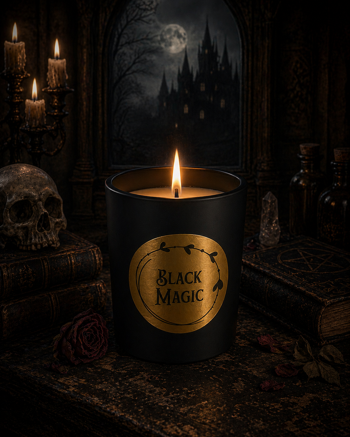 Top-down view of Black Magic candle inside its jar. Melted black cherry wax visible, with a single flame and scattered dried rose petals around the base.
