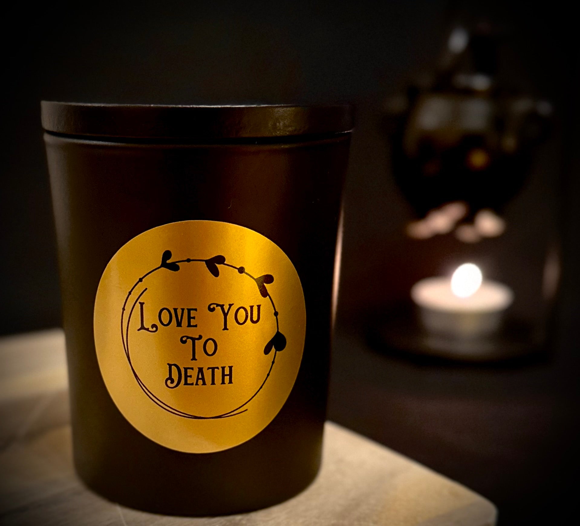 Love You To Death Candle in matte black jar with classy gold label