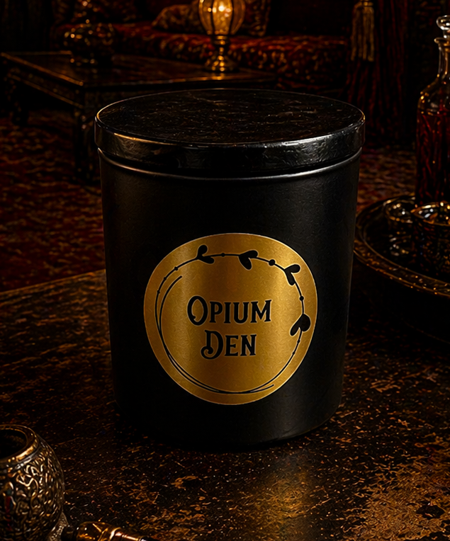 Matte black glass jar with black wooden lid and gold label, sitting on a dark wooden table beside a skull and dried roses. Soft candle glow emerging from under the lid.