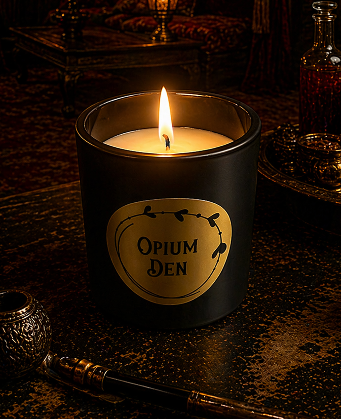 Close-up of the gold label on the black candle jar, reading "Opium Den." Black coffee beans and white jasmine flowers scattered around the base.