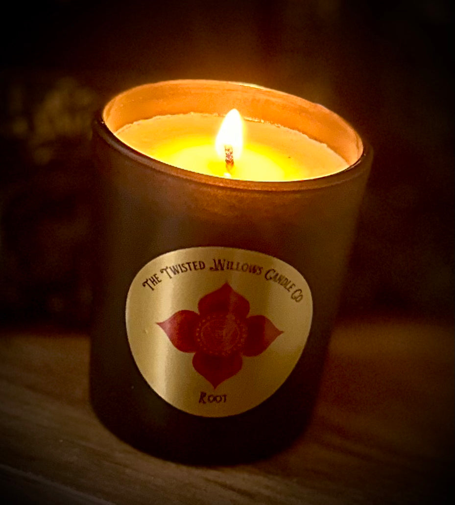 Root Chakra votive candle with grounding essential oils - cedarwood, myrrh, patchouli and ylang yang in soy wax.