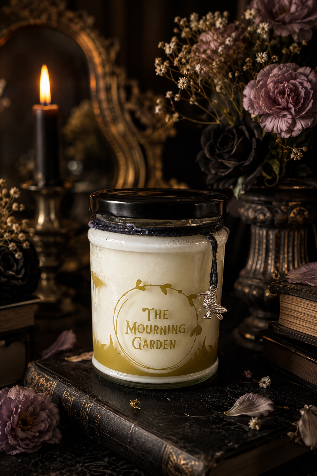 The Mourning Garden limited edition gothic floral soy candle in a clear glass jar with gold gothic garden design and raven charm.