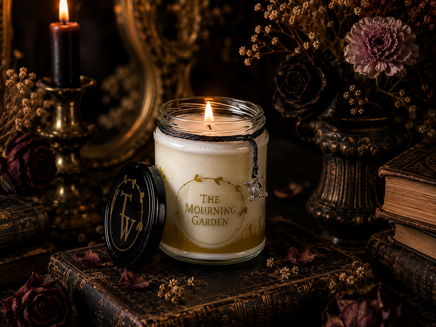 The Mourning Garden limited edition gothic floral soy candle in a clear glass jar with gold gothic garden design.