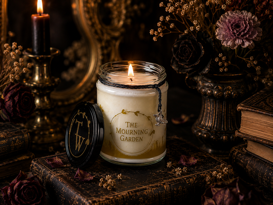 The Mourning Garden limited edition gothic floral soy candle in a clear glass jar with gold gothic garden design.