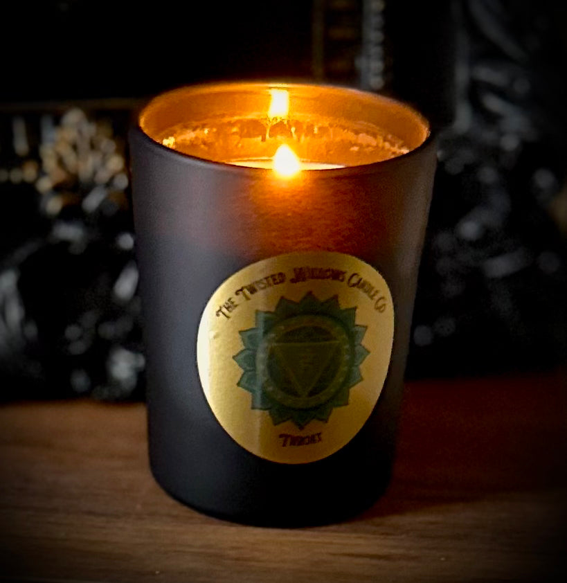 Throat Chakra votive candle with cypress, lavender and spearmint essential oils in soy wax.