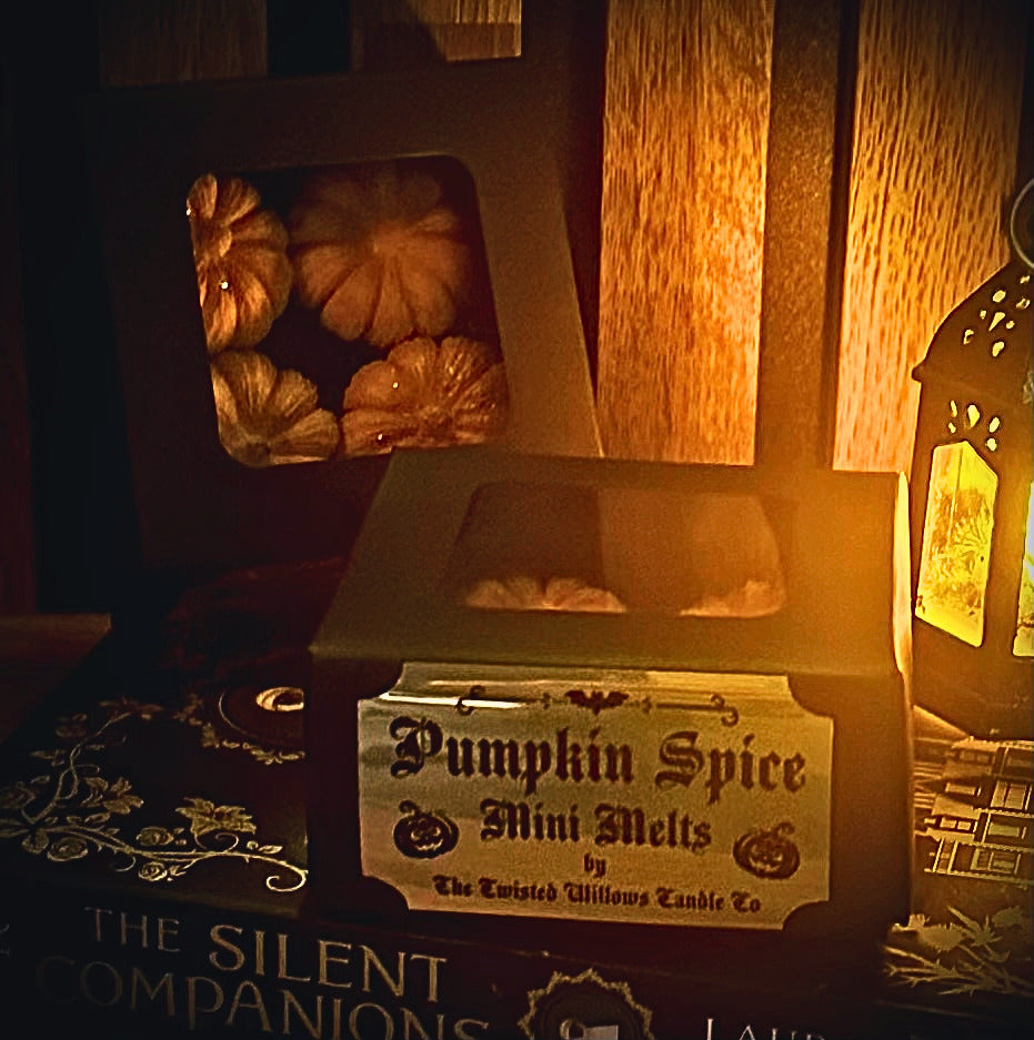 Pumpkin spice mini wax melts presented in gothic black and gold packaging